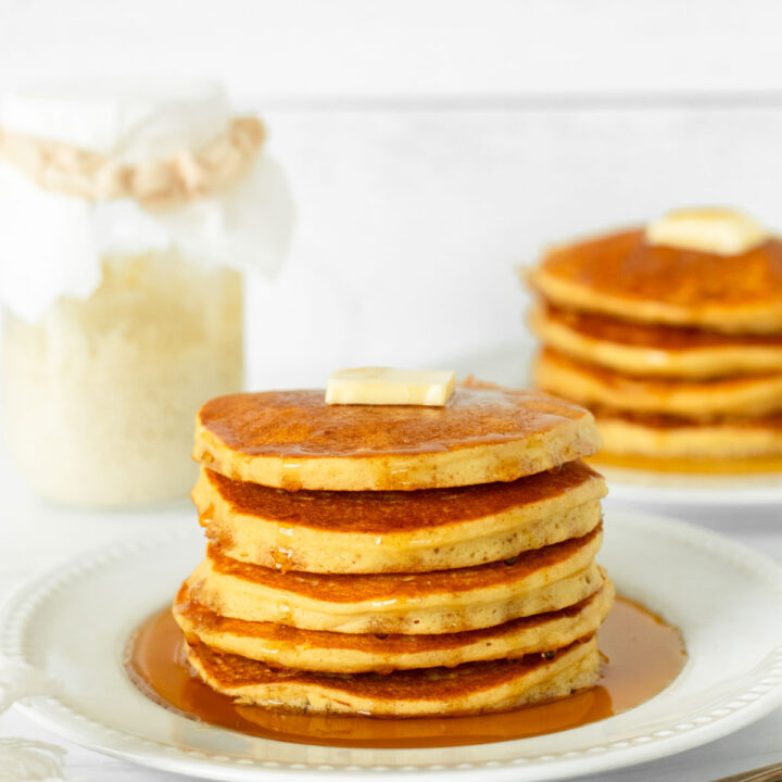 These gluten-free sourdough pancakes are an easy gluten-free sourdough recipe made with simple ingredients and sourdough discard. This is a quick breakfast recipe perfect for both a weekday and weekend breakfast.