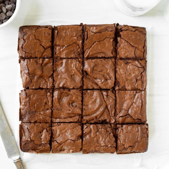 These fudgy brownies are a classic homemade brownie with a crinkle topping and fudgy chocolate middle. Made with simple, pantry-staple ingredients, these brownies are an easy dessert perfect for any occasion.