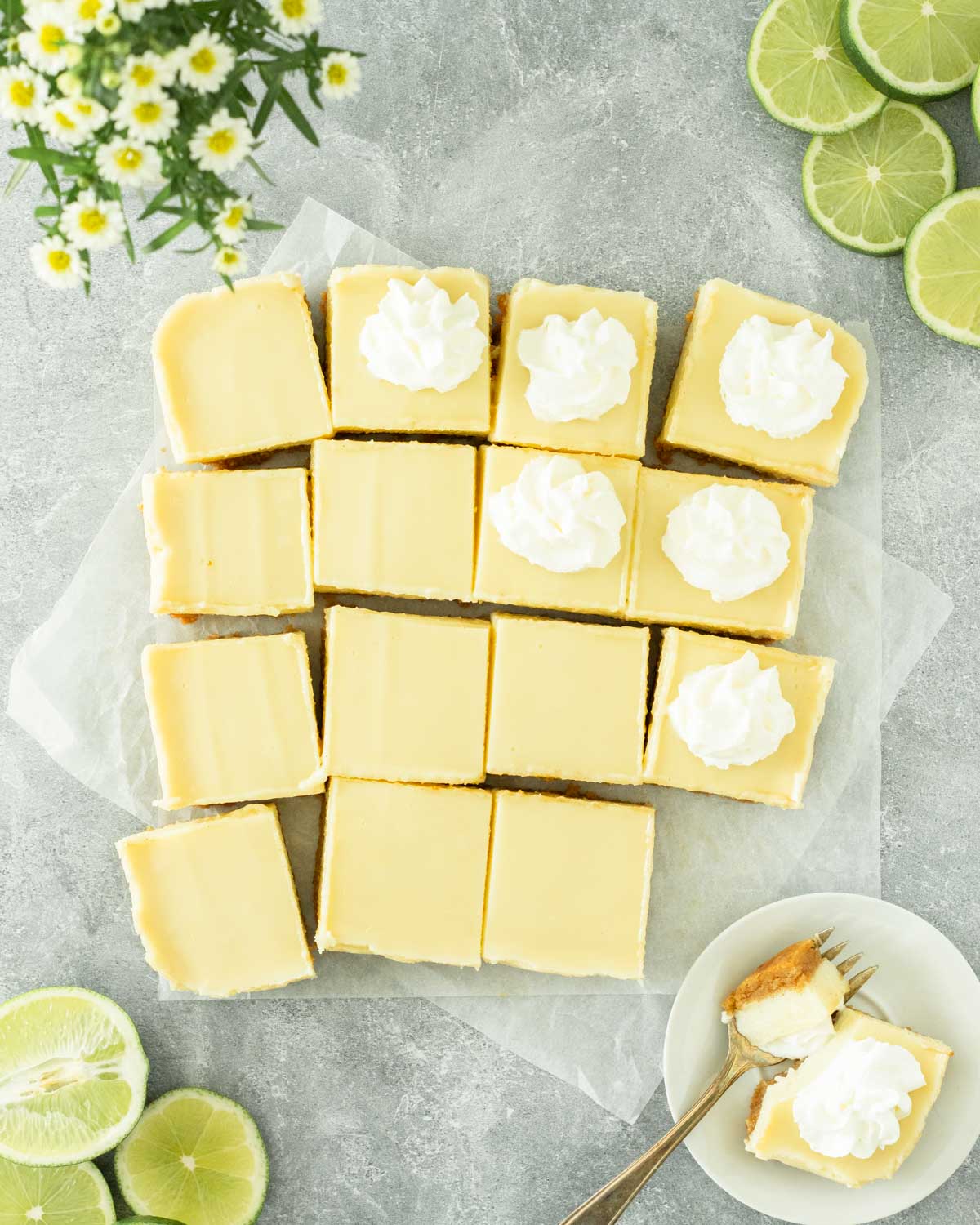 These key lime pie bars are a delicious spring and summer dessert made with a simple homemade crust and topped with a 3-ingredient key lime topping. This dessert bar recipe is perfect to serve at a holiday, party and great for a Fourth of July dessert.