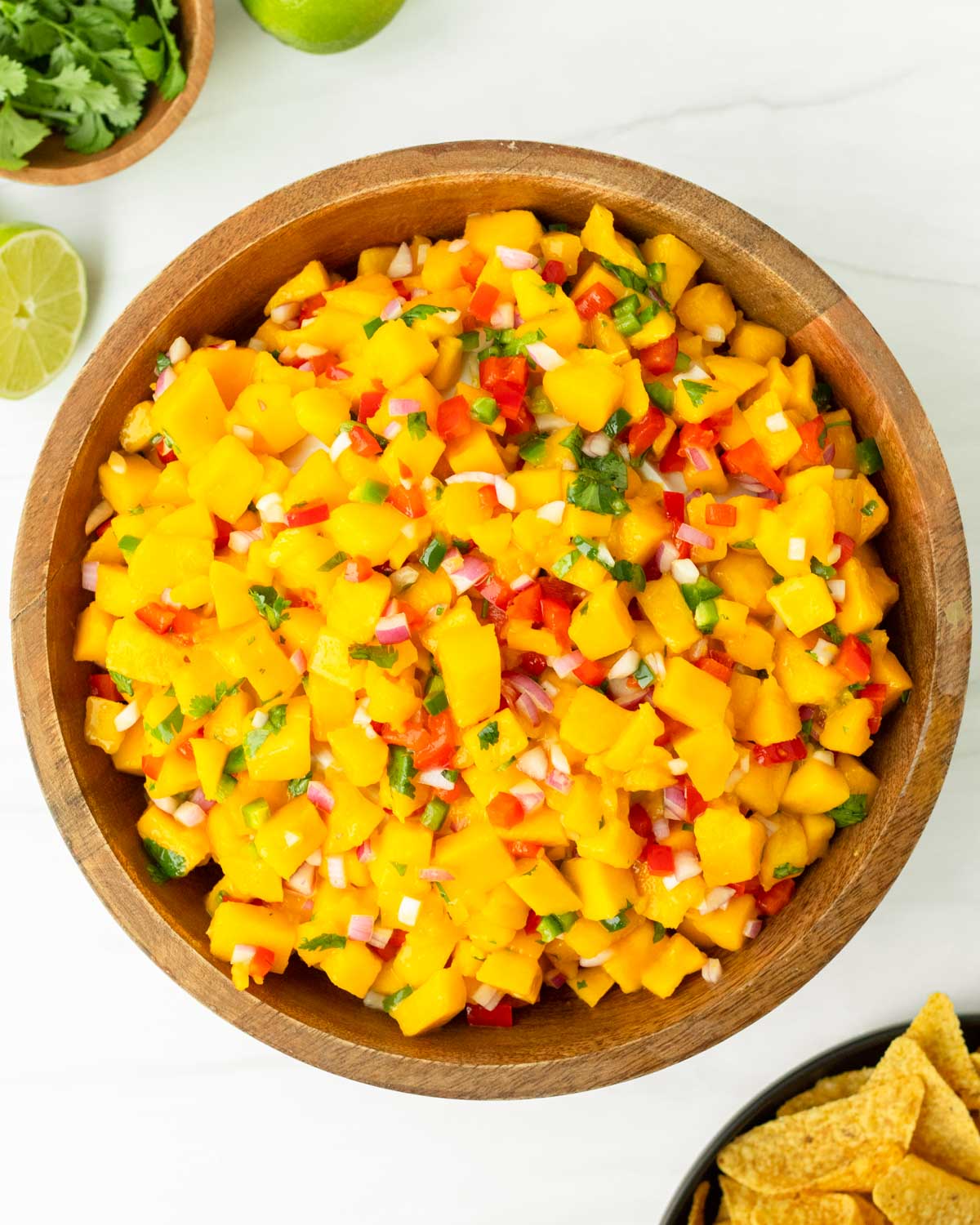 This mango salsa is an easy 6-ingredient salsa recipe perfect for a summer cookout or as a Fourth of July appetizer. Made with simple, flavorful ingredients, this homemade salsa is an easy and delicious summer dish.