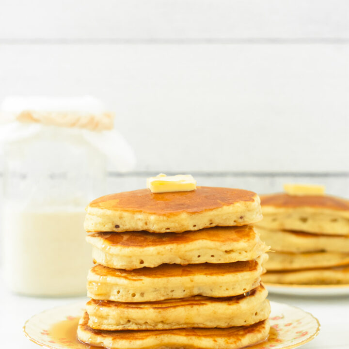 These sourdough pancakes are an easy sourdough recipe made with simple ingredients and sourdough discard to make the fluffiest sourdough pancakes. This is a quick breakfast recipe perfect for both a weekday and weekend breakfast.