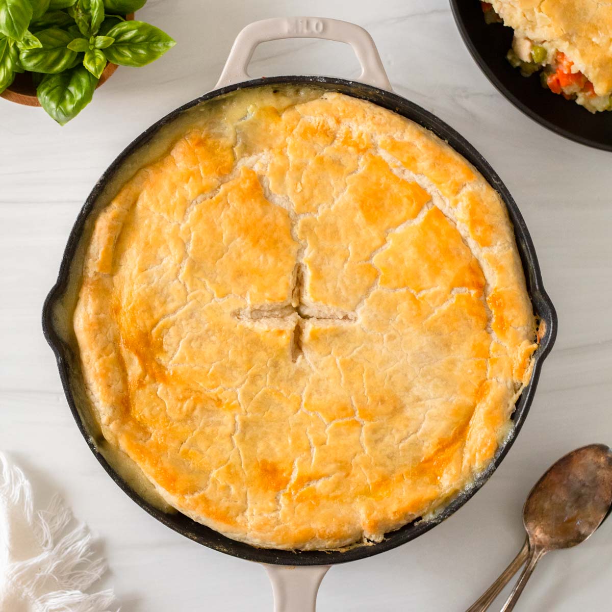 This skillet chicken pot pie is an easy one-skillet comfort food recipe perfect for a cozy easy dinner recipe.