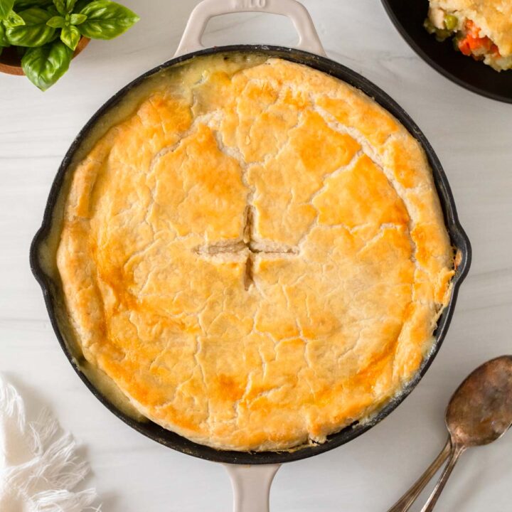 This skillet chicken pot pie is an easy one-skillet comfort food recipe perfect for a cozy easy dinner recipe.