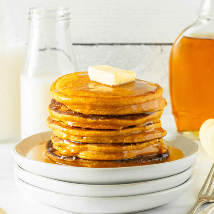 These sourdough pumpkin pancakes are an easy sourdough recipe made with simple ingredients including pumpkin puree, classic fall spices and sourdough discard to make delicious pumpkin pancakes.