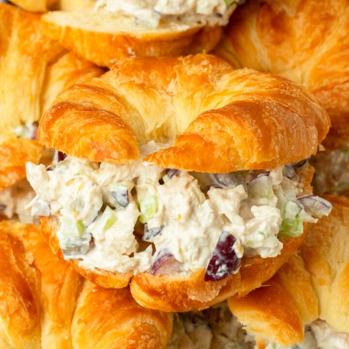 These chicken salad croissant sandwiches are a classic chicken salad made with simple ingredients and stuffed into a flaky, buttery croissant for a quick and flavorful meal.