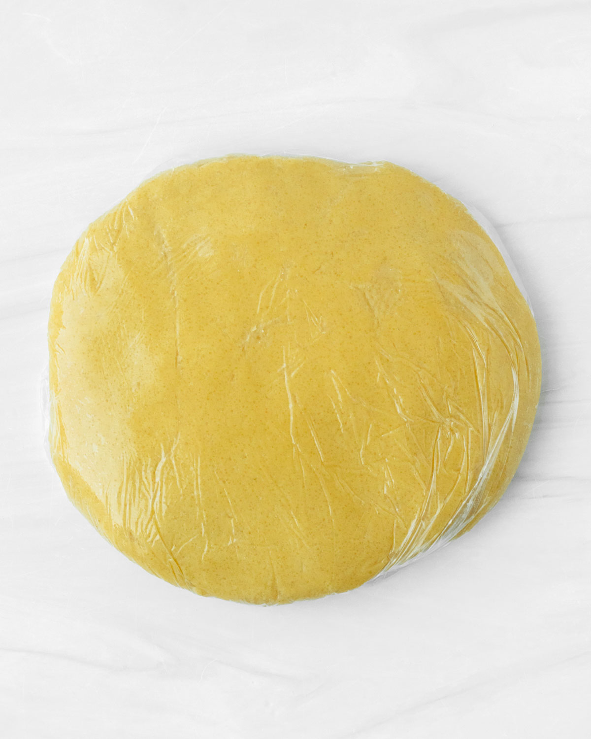 Step 2. Shape the dough into a disc, wrap with plastic wrap and chill the dough in the fridge
