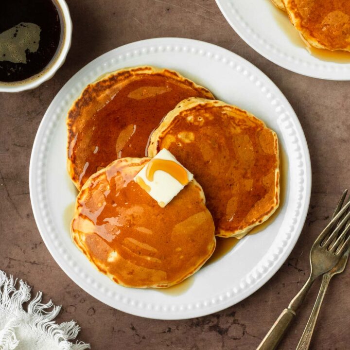 These homemade pancakes are thick and fluffy pancakes made with simple, pantry-staple ingredients for a classic homemade breakfast.