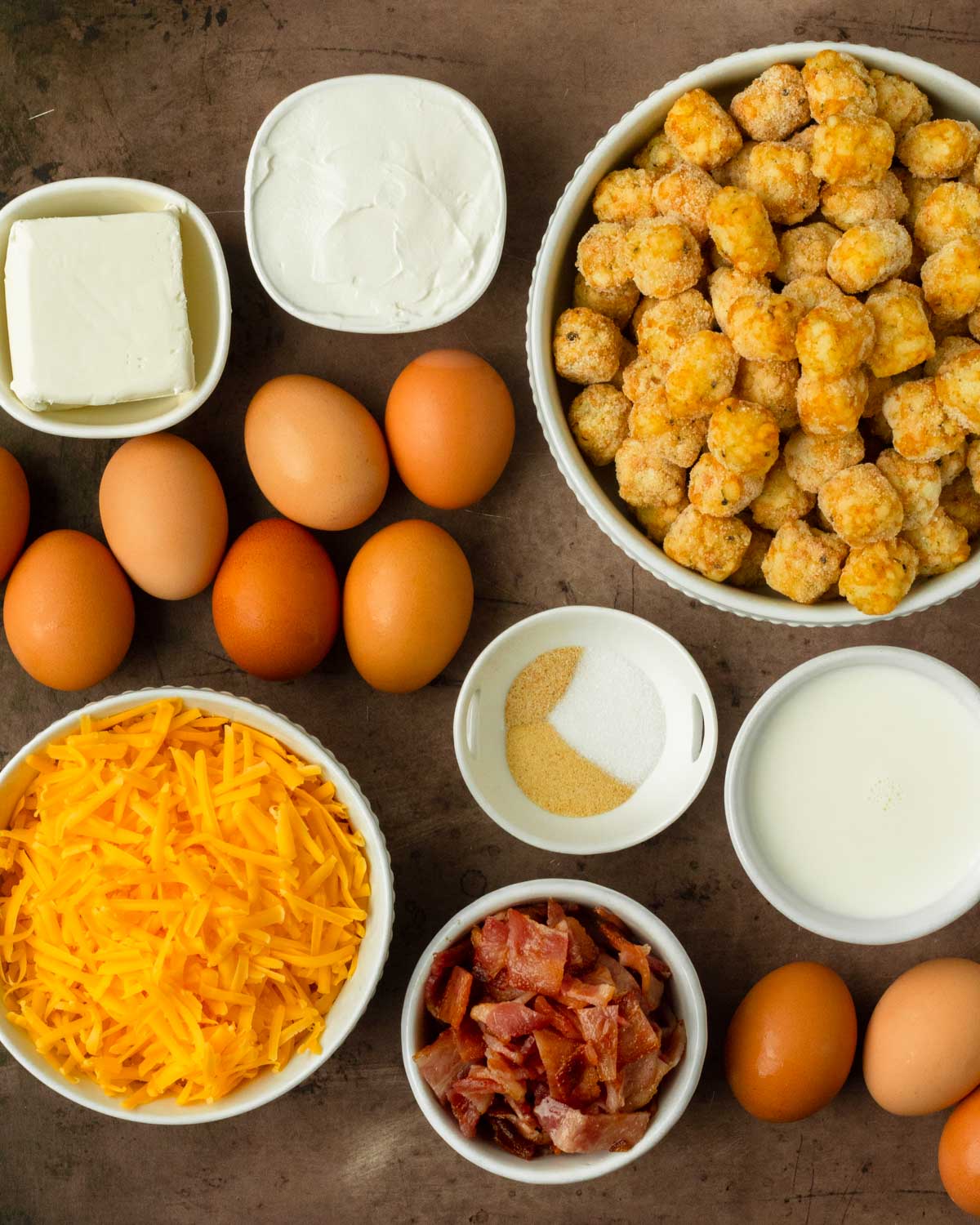 Ingredients for Bacon Tater Tot Breakfast Casserole