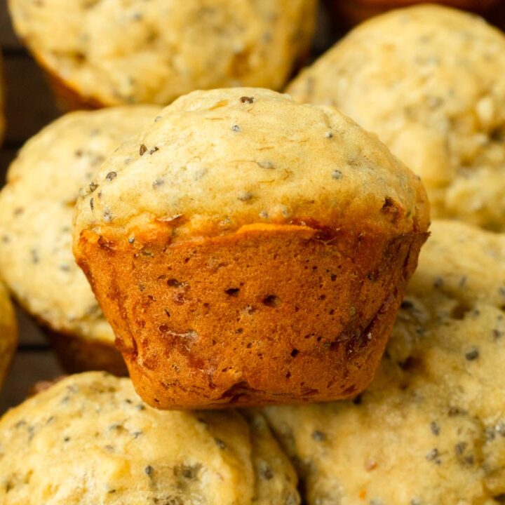 These mini banana muffins are easy, kid-friendly muffins recipe made with overripe bananas and cottage cheese and chia seeds hidden inside for extra protein and nutrients.